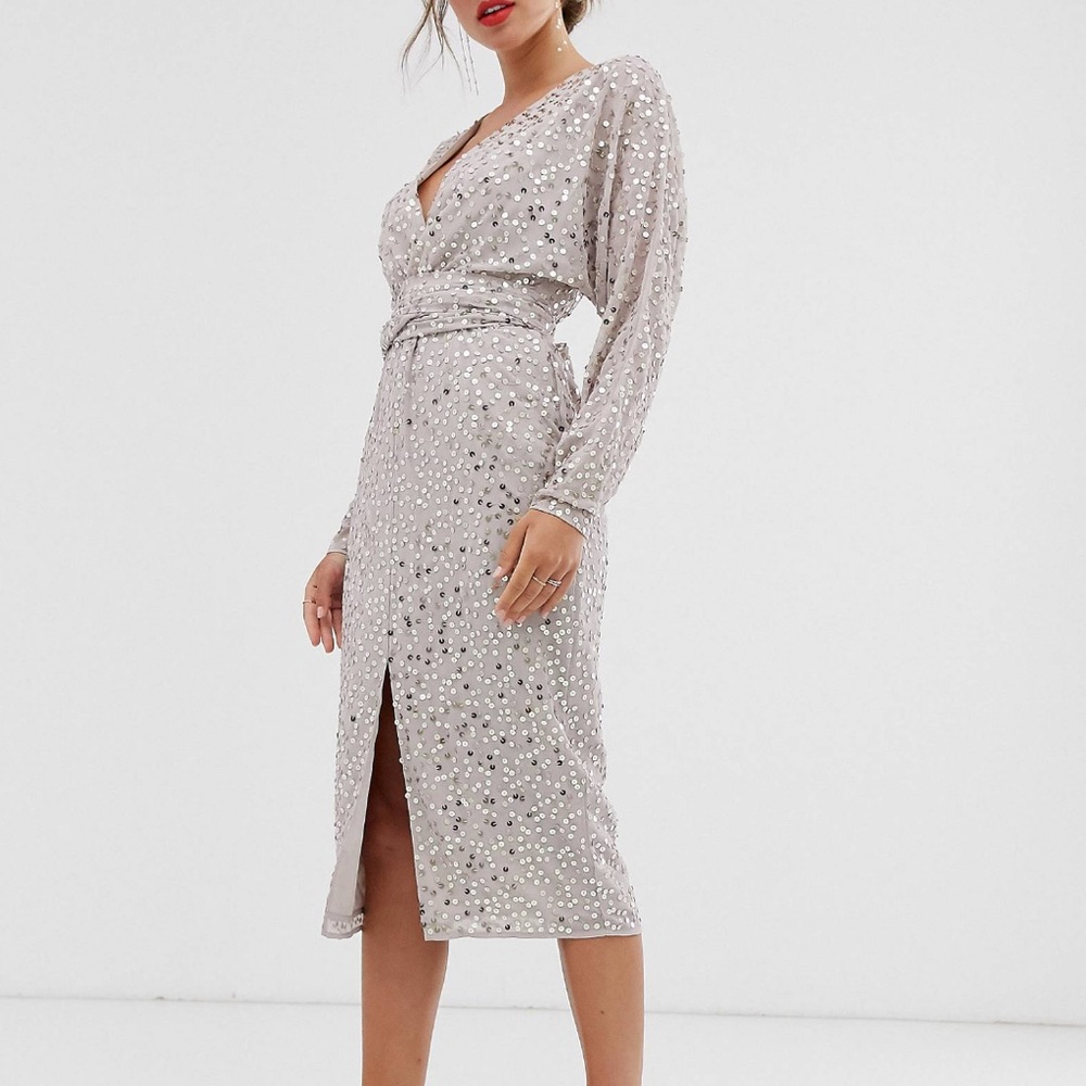 ASOS midi dress with batwing sleeve and wrap waist in scatter sequin